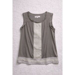 LOFT Small Taupe Sleeveless Blouse Sequin Front Trim Party Work Top